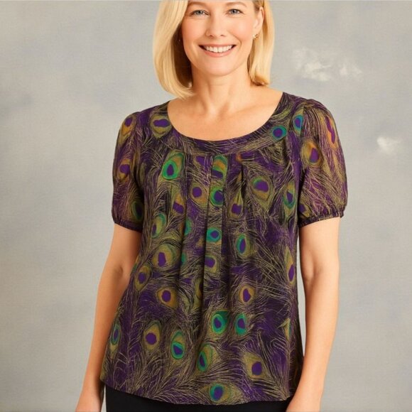Sara Michelle Tops - Sara Michelle Womens 1X Purple Blue Peacock Print Chiffon Blouse Preppy Boho 90s